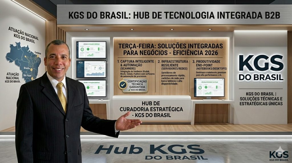 Ricardo Santuci Gonzaga, Diretor da KGS DO BRASIL, apresentando Hub de Tecnologia Integrada com scanners Kodak e assistência técnica.